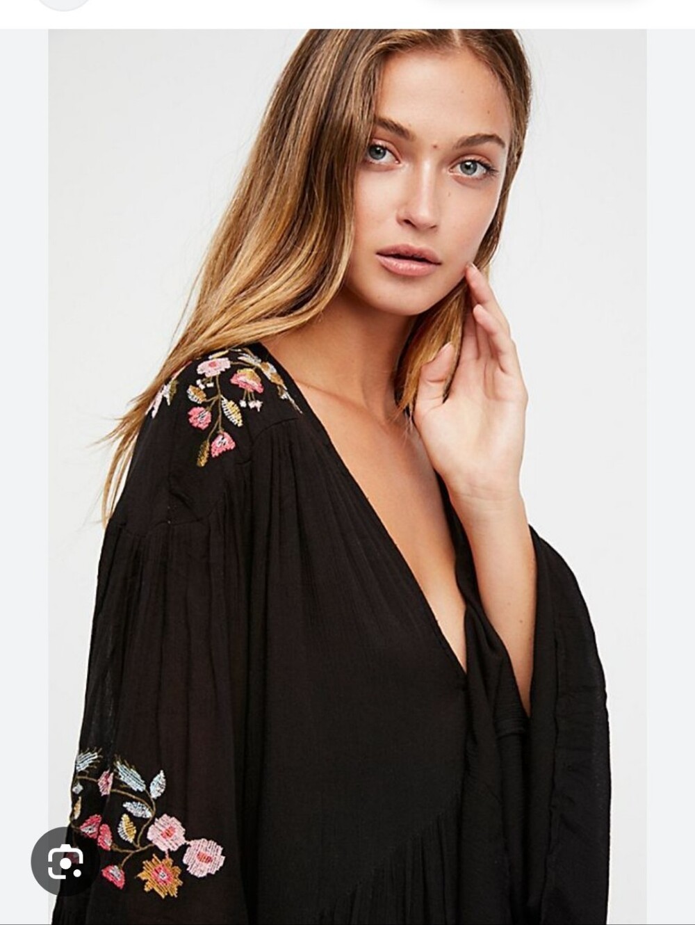 Free People Boho Black Embroidered V-Neck Tunic Dress Flutter Sleeves Small - Picture 2 of 9